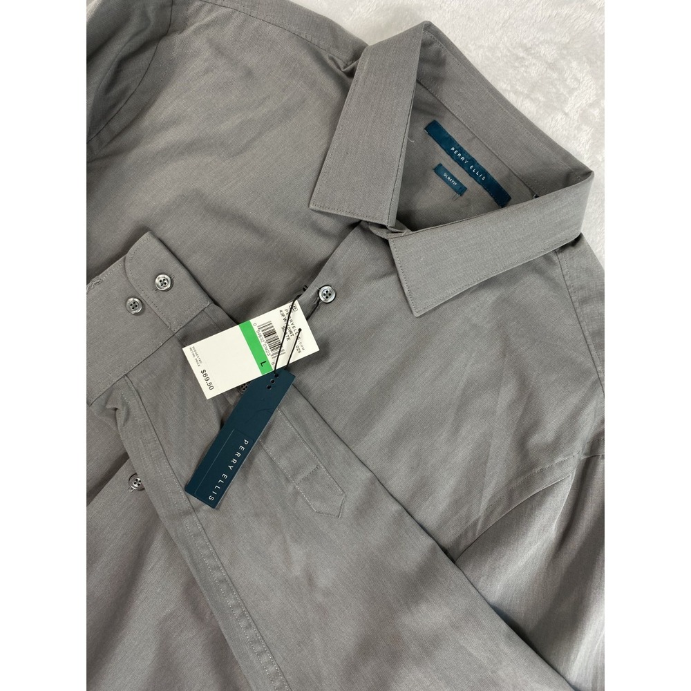 2/$30 NWT Perry Ellis Button Up Shirt Sz L Gray Slim Fit Long Sleeve Office Work